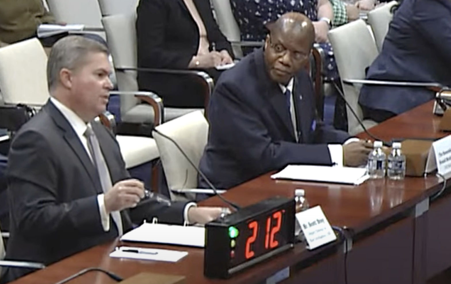 Scott Bray, left, and Ronald Moultrie testify at the May 17, 2022 House Intelligence subcommittee UAP hearing.