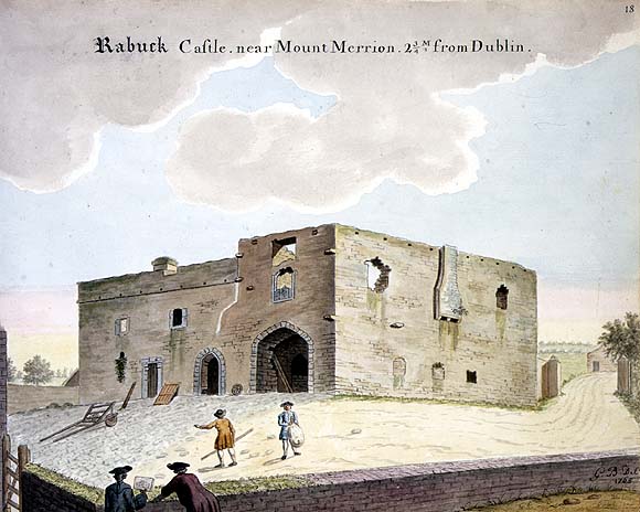 Historical watercolor of Roebuck Castle’s stone walls and arched entrance.